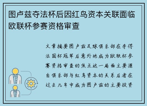 图卢兹夺法杯后因红鸟资本关联面临欧联杯参赛资格审查
