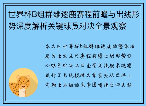 世界杯B组群雄逐鹿赛程前瞻与出线形势深度解析关键球员对决全景观察